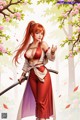 A woman with long red hair stands in a cherry blossom forest, holding a sword.