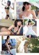 A collage of photos of a woman in lingerie and a bride.